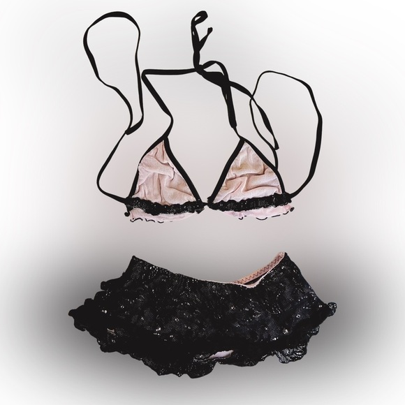 Black Lace Ruffle Lingerie Set – Two Piece Bra & Skirt Pink Accents LEG AVENUE - Picture 5 of 7